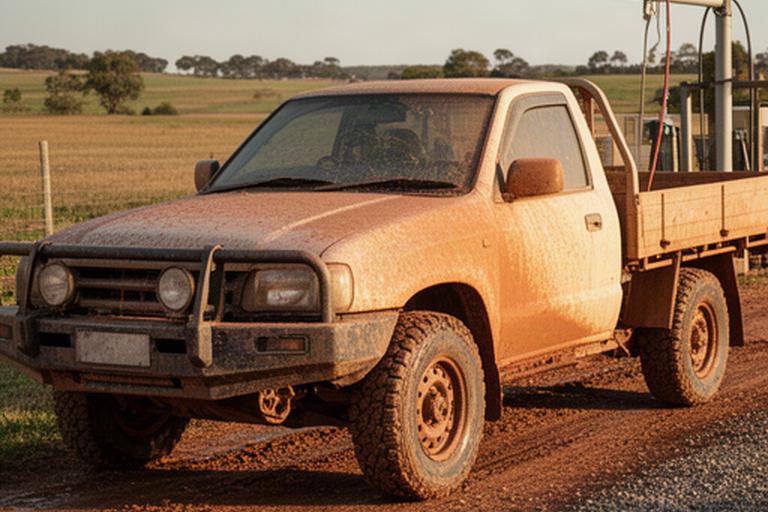 A farm ute with dried road dust and mud around its wheels ready for a wash in Benalla