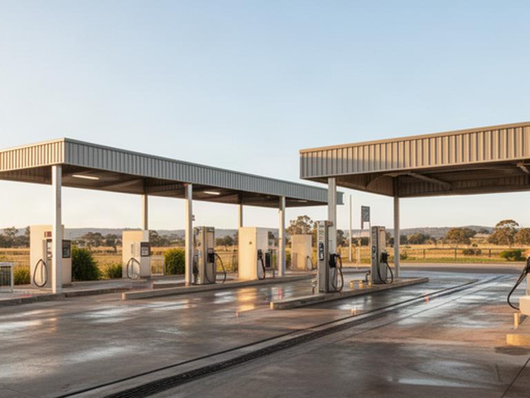 View across self-service wash bays and forecourt from the Benalla - Tatong Road entry lane