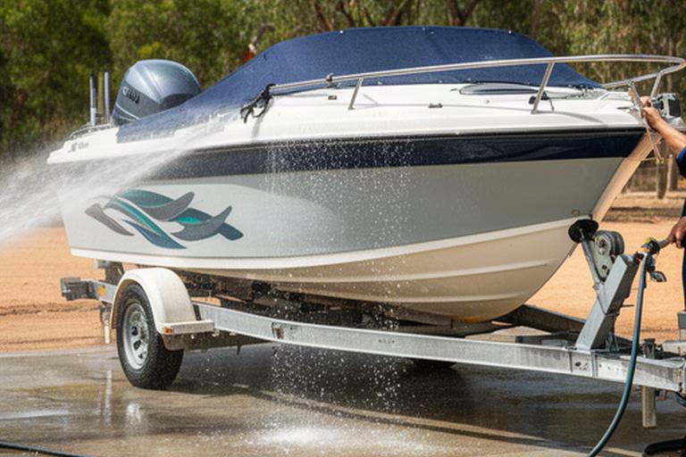 A boat on its trailer being rinsed after a day on the water, with the wash directed away from canvas and decals