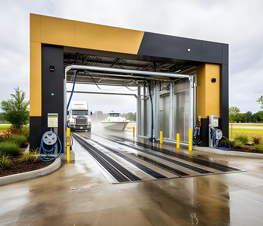 High-clearance truck and boat wash area with wide vehicle approach lane at a regional car wash