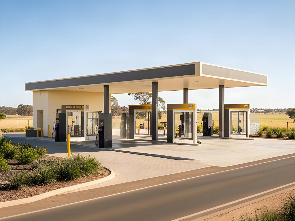 Daylight view of a clean car wash forecourt and self-service bays beside Benalla - Tatong Road