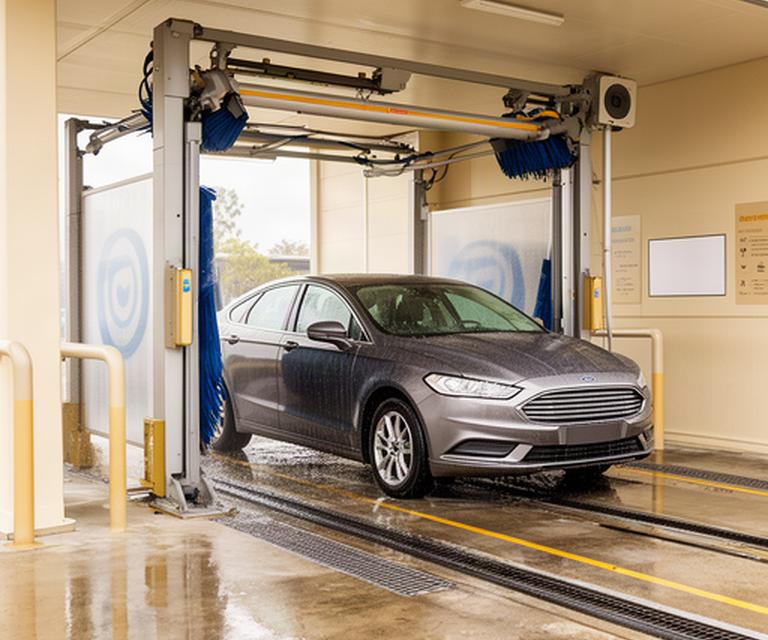 A passenger car positioned at an automatic wash bay at a car wash facility