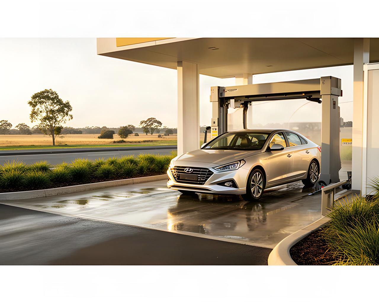 A clean car entering an automatic wash bay at a roadside car wash in regional Victoria