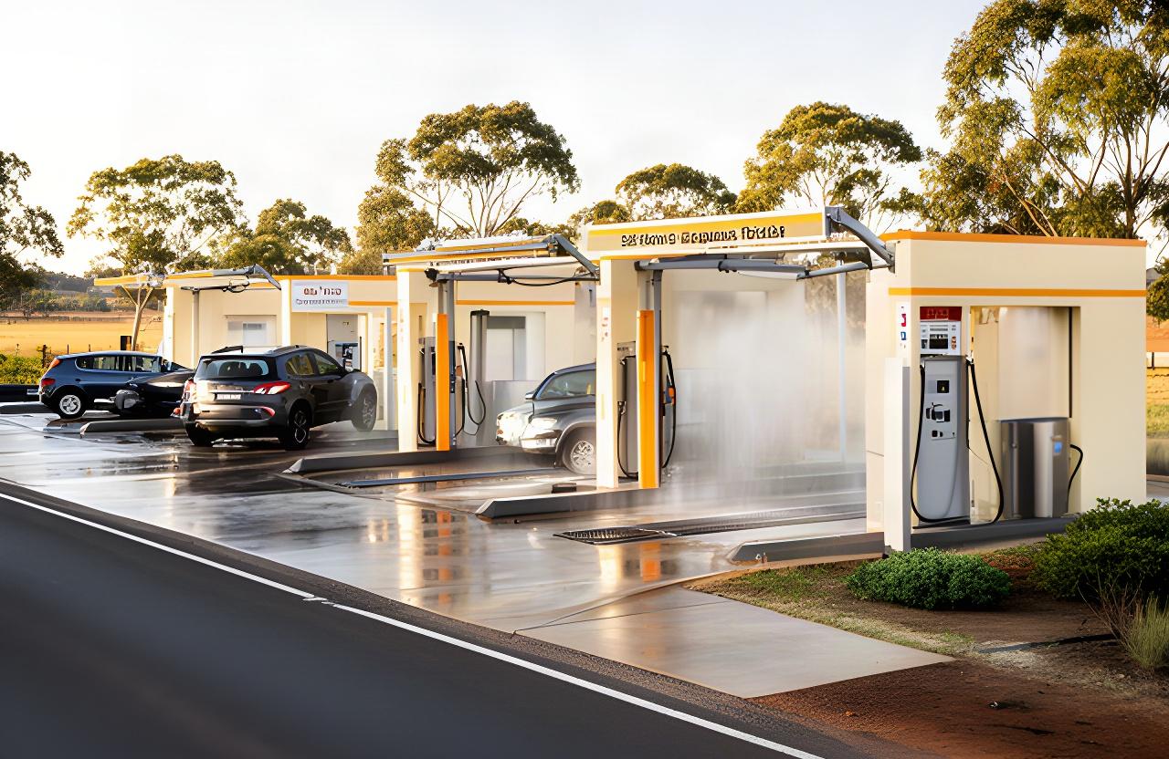 Self-service wash bays beside Benalla - Tatong Road, with clear vehicle lanes and wash equipment