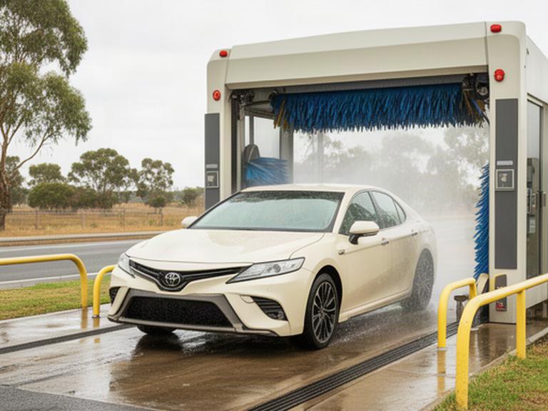 A car entering an automatic wash bay at a roadside car wash in Benalla, Victoria