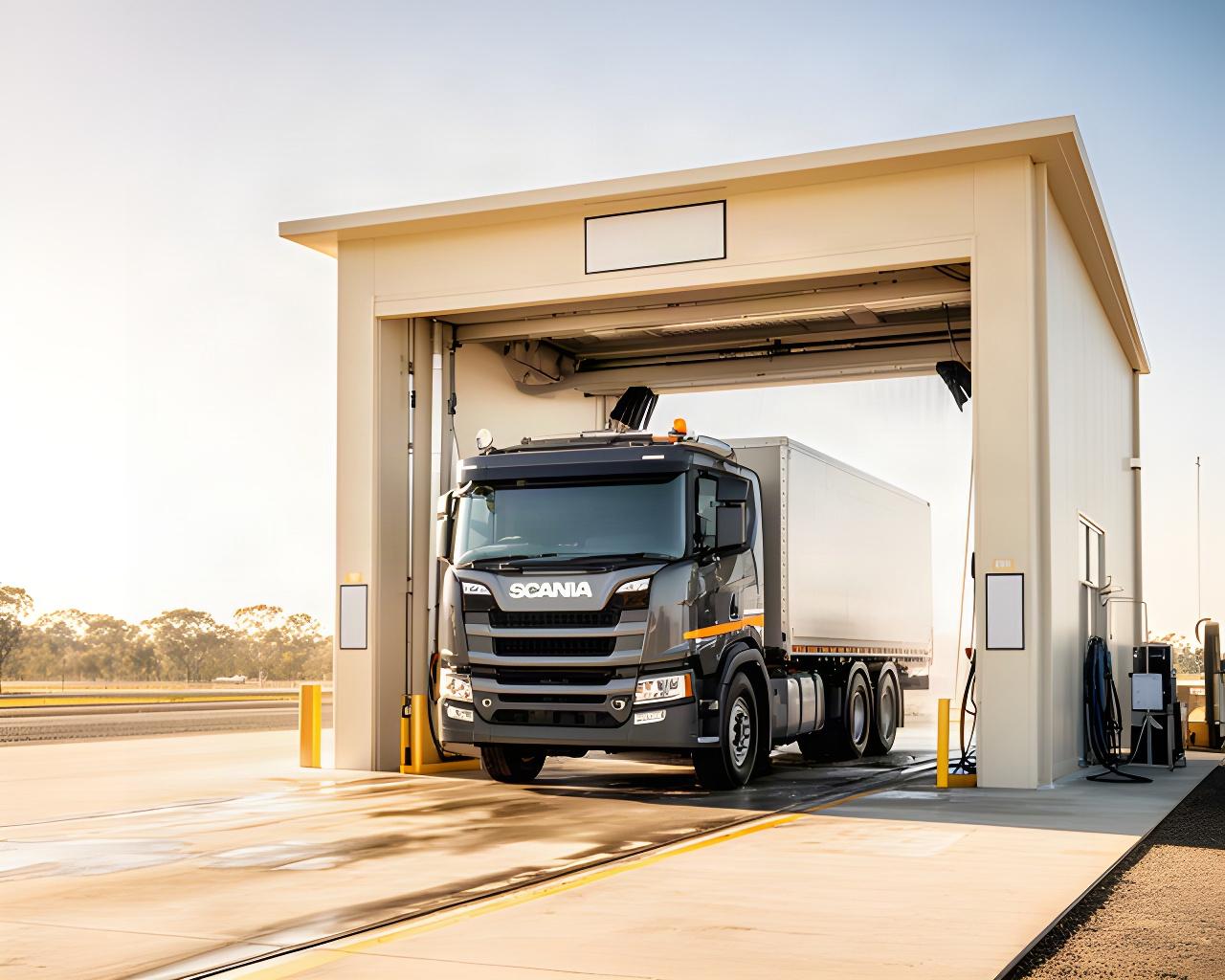 A tall work truck approaching a high-clearance wash bay at a regional Australian car wash