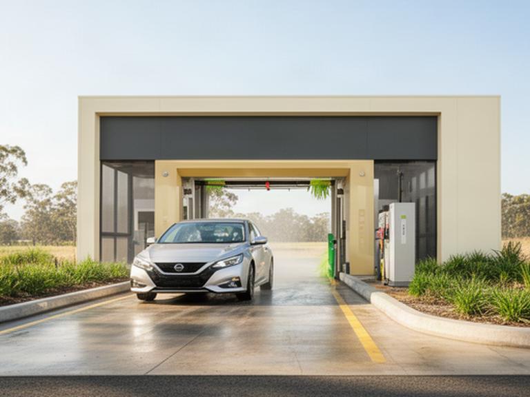 Automatic car wash tunnel and entry lane at a roadside wash site near Benalla
