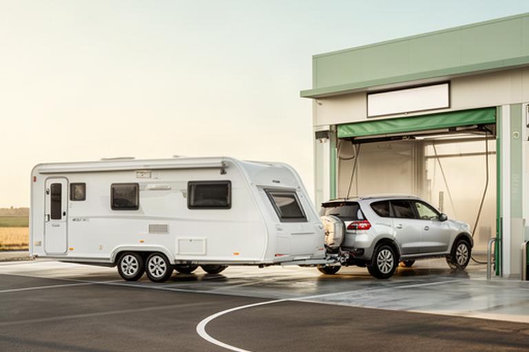 A caravan and tow vehicle positioned with room to manoeuvre near a wash bay entrance