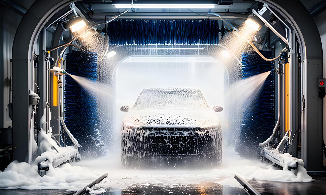 Foam and rinse equipment inside an automatic car wash tunnel